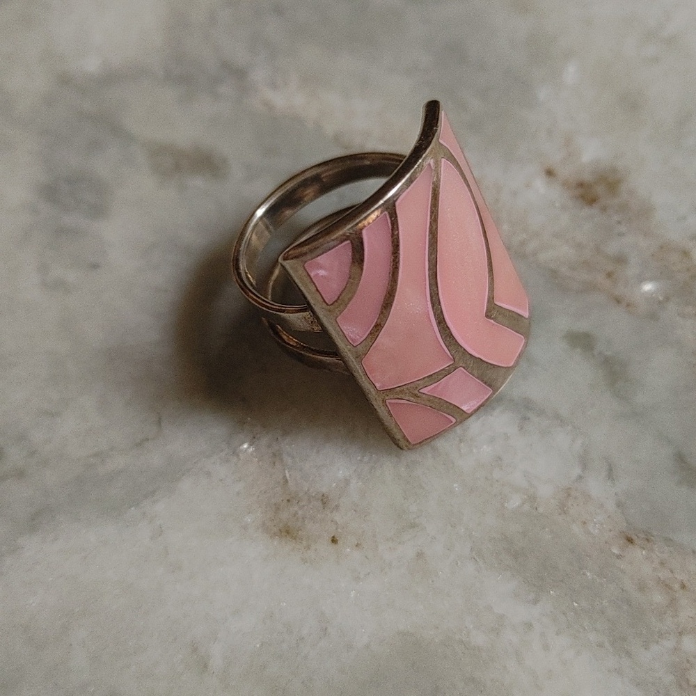 Vintage Pink Enamel Geometric Sterling-Style Statement Ring
